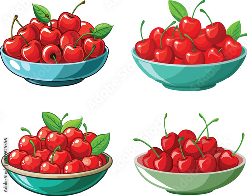 Four bowls of cartoon red cherries with green leaves illustration