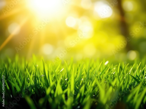 Close up of verdant grass with bright sunlight and blurred foliage evokes peace and renewal