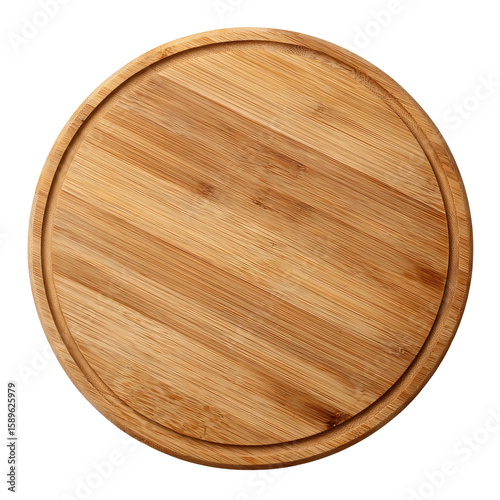 Circular Wooden Cutting Board: a detailed top-down shot of a natural wood cutting board, the perfect foundation for culinary creations and rustic presentation. 