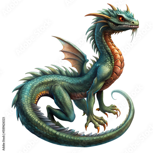Detailed illustration of a mythical fantasy dragon against a solid black background