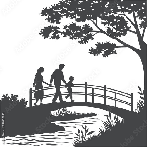 Family Walking on Bridge Over River Silhouette Vector Illustration
