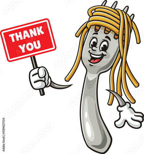 Cartoon character of spaghetti on a fork holding a thank you sign