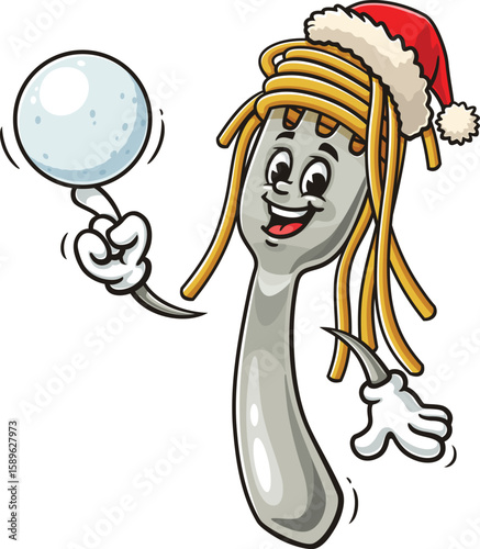 Cartoon character of spaghetti on a fork playing snowballs and wearing a Christmas hat