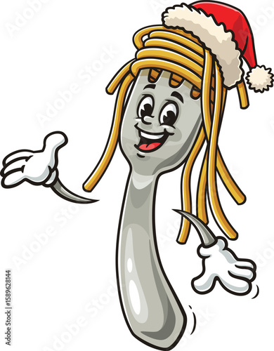 Cartoon character of spaghetti on a fork wearing a Christmas hat