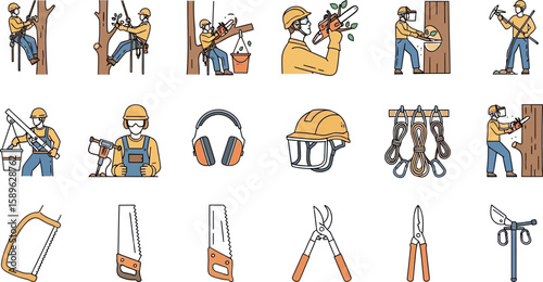 Tree service and arborist equipment vector illustration set for professionals