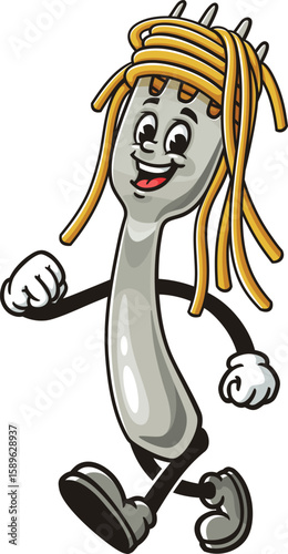 Cartoon character of spaghetti on a fork is walking