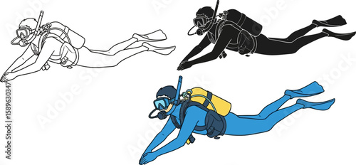 Diving scuba divers illustration underwater adventure diving equipment set art