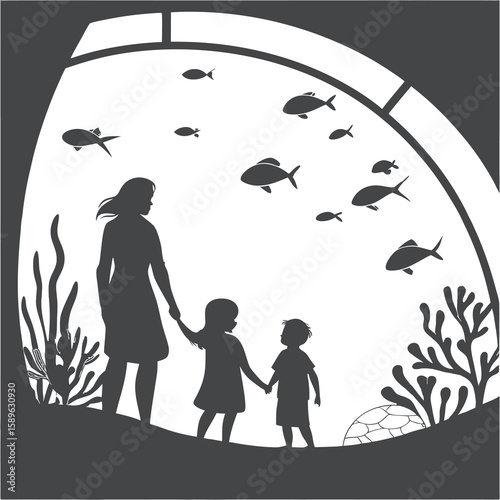 Mother with Children Watching Fish in Aquarium Silhouette Vector Illustration
