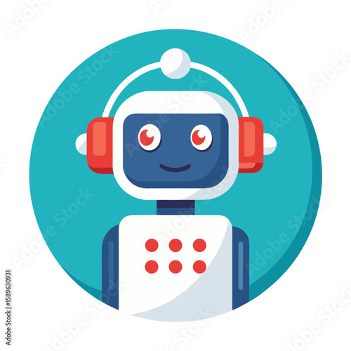 Friendly robot with headphones and speech bubble chatbot