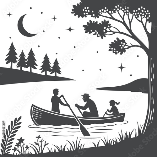 Family Canoeing on Lake Silhouette Vector Illustration
