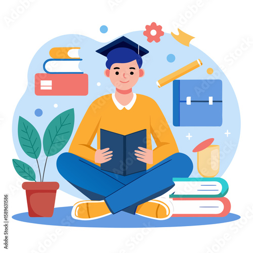 Student reading book with graduation cap books learning