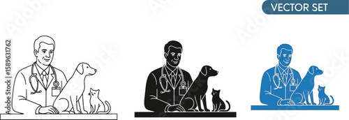 Veterinarian clinic vector set with doctor dog and cat pet care and health