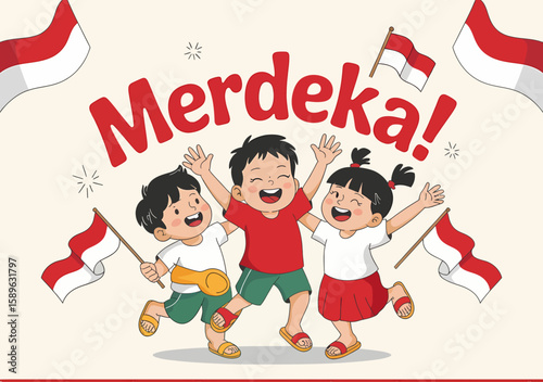 Joyful Indonesian children celebrate Independence Day, waving flags and expressing exuberant happiness.