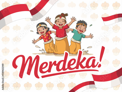 Three children joyfully participate in a sack race, celebrating Indonesian Independence Day with waving flags.