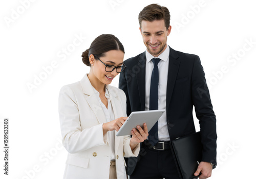 Office Employees Using a Tablet in Formal Attire: Man and Woman Collaborating, isolated on a Transparent Background (PNG).
