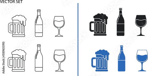 Vector set of beer mug bottle and wine glass icons for bar and restaurant menu