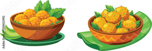 Two Bowls of Golden Dumplings with Green Garnish Presented Side by Side