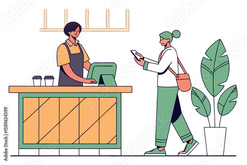 Customer ordering at cafe with tablet, barista accepting mobile pay—digital lifestyle and self-service in flat illustration style