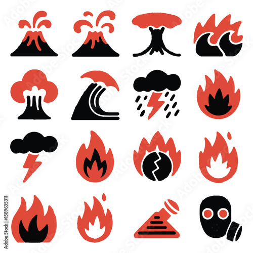 Vector art of a collection of icons depicting various natural disasters and environmental threats