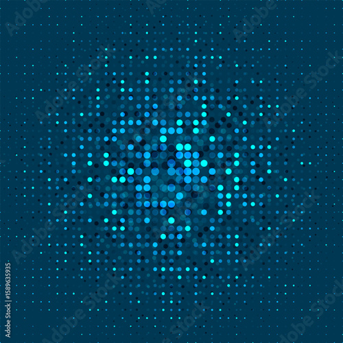 Semitone with colored and neon circles. Blue abstract background with lots of small blue dots. Vector EPS 10.