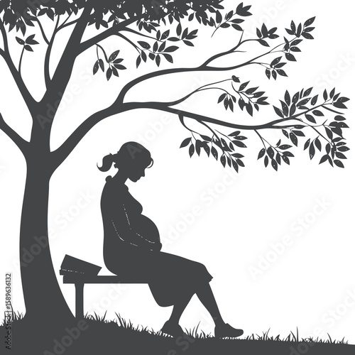 Silhouette of Pregnant Woman Sitting on Bench Under Tree in Nature
