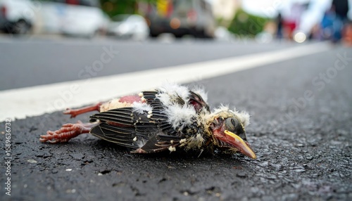 Fototapeta Naklejka Na Ścianę i Meble -  A dead baby bird on a city street