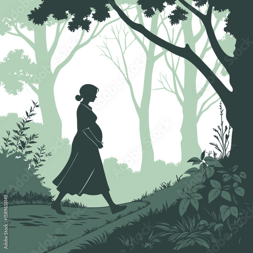 Silhouette of Pregnant Woman Walking in Forest Nature Scene
