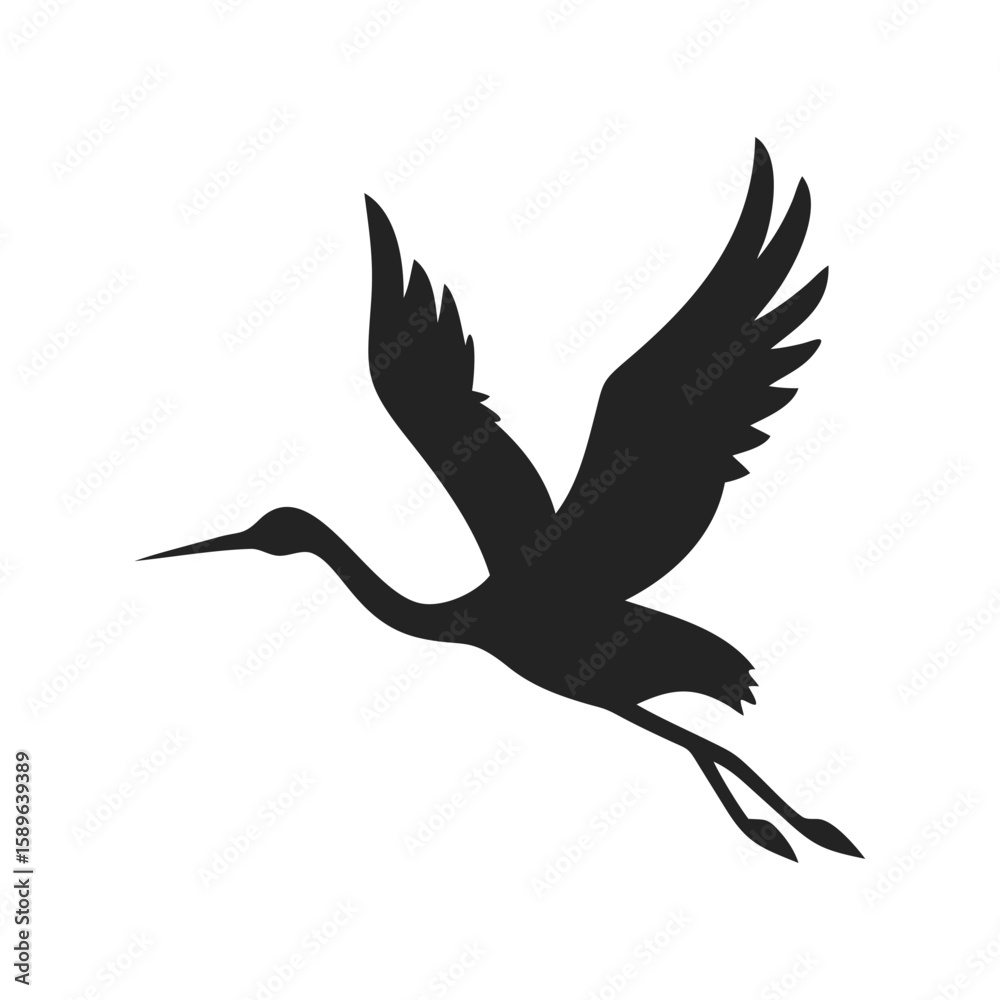 Fototapeta premium Stork silhouette logo. Black icon stork in flight isolated on white background. Vector illustration side view