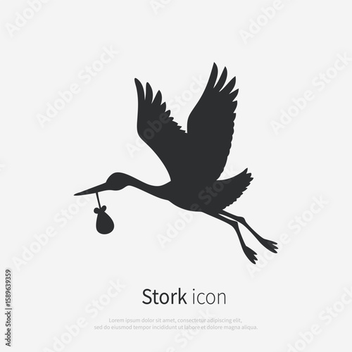 Stork brings a child icon silhouette. Vector logo of a stork in flight. Illustration side view isolated on white background.