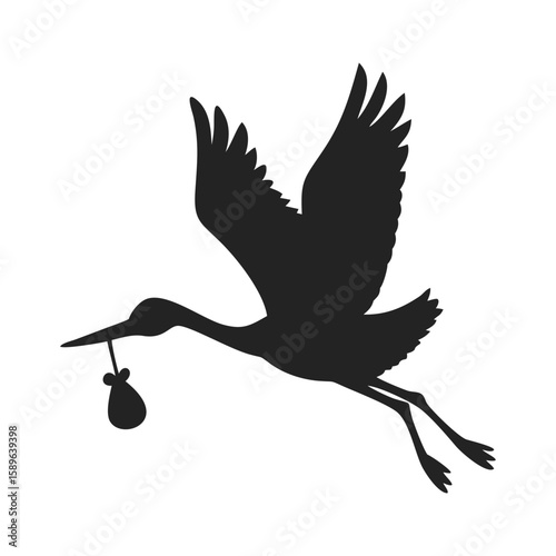 Stork brings a child  silhouette logo. Black icon stork in flight isolated on white background. Vector illustration side view