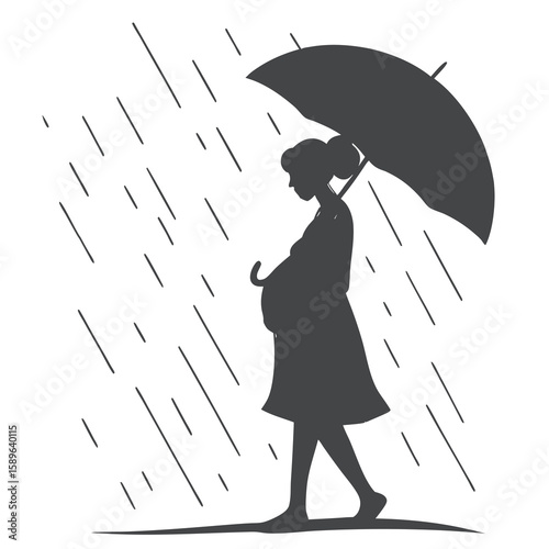 Pregnant Woman Walking in Rain with Umbrella – Silhouette of Expectant Mother in Stormy Weather
