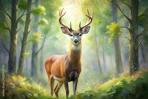 Serene Watercolor Deer Standing in a Lush Forest – Soft Greens & Browns Blend