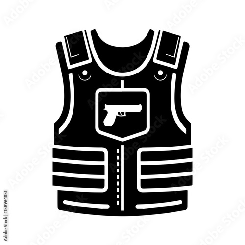 Depicts a black body armor vest with a gun symbol suitable for security companies and military themed designs.