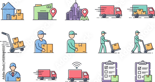 Delivery service icons set vector illustration for moving and logistics company