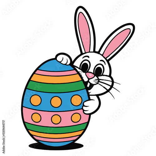 Vector art of a cute easter bunny peeking behind a decorated easter egg isolated on white background