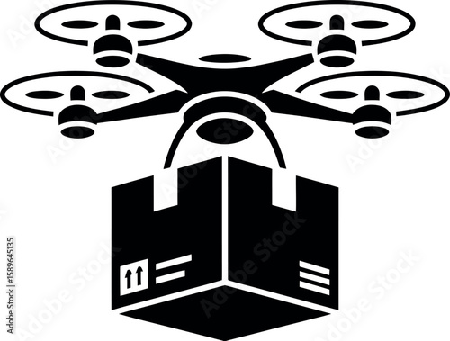 Black quadcopter drone carrying a cardboard delivery box package