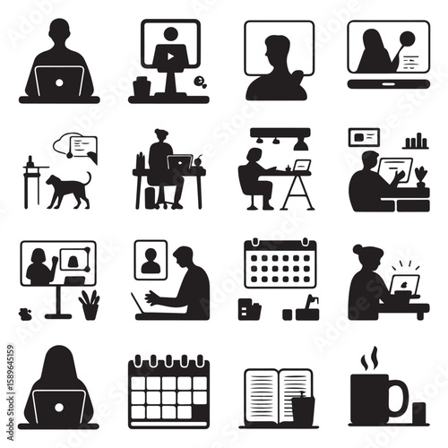 Vector art of a set of silhouette icons depicting remote work, online meetings, and home office setups