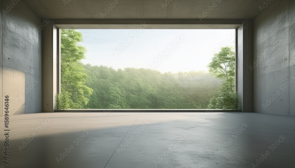 Fototapeta premium 3d render of empty concrete room with large window on nature background generative ai