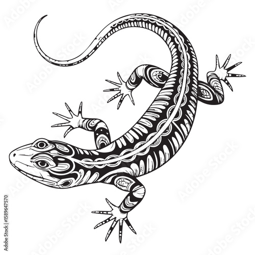 Vector art of a detailed black and white illustration of a patterned lizard isolated on white background