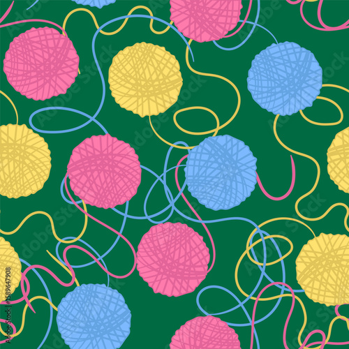 seamless pastel yarn ball pattern with tangled threads on a dark green background ideal for knitting and craft projects