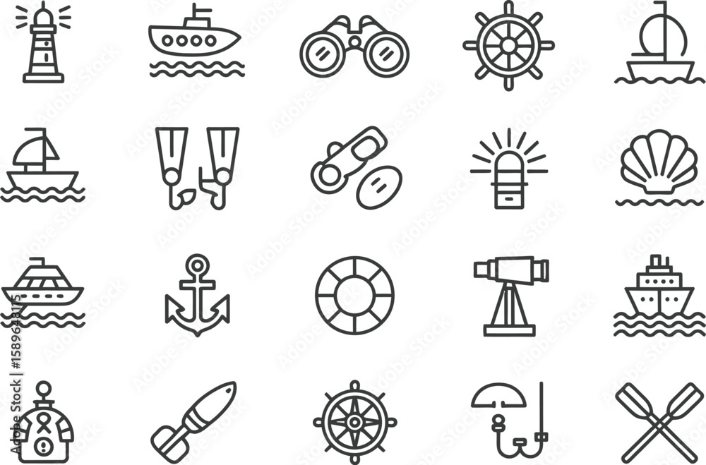 Fototapeta premium Nautical Icons Ships, Lighthouse, Diving Gear