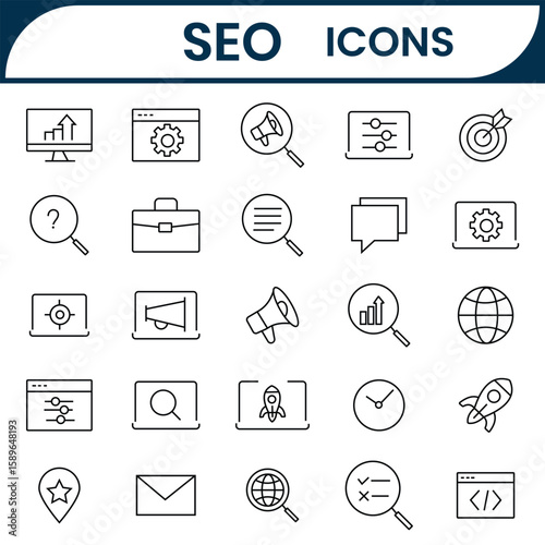 SEO icon vector set. Search Engine Optimization line icon collection. Marketing, analytics, optimization, keyword, ranking, coding, settings, strategy, promotoing, network.  Vector illustration.
