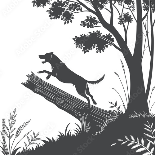 Silhouette of Dog Climbing Log in Forest Landscape
