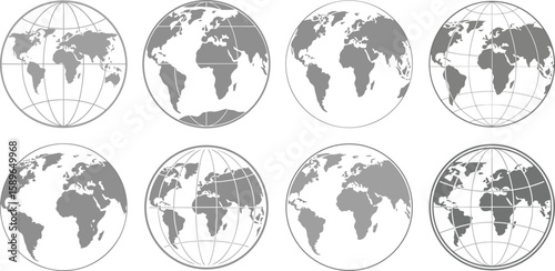 Flat Globe Icons with World Map Projections Vector Illustrations.