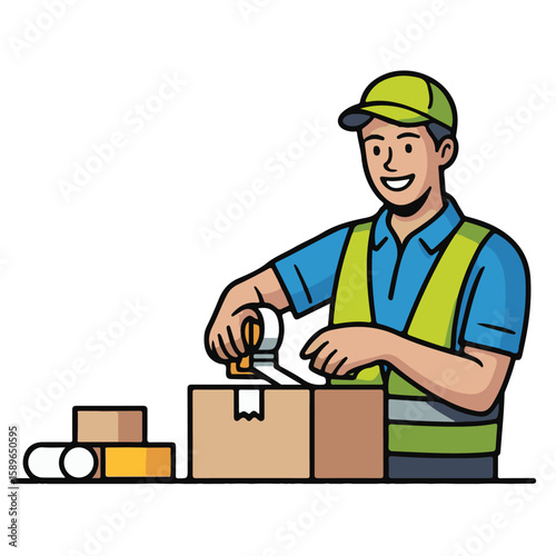 Smiling delivery worker in blue uniform and cap holding a package