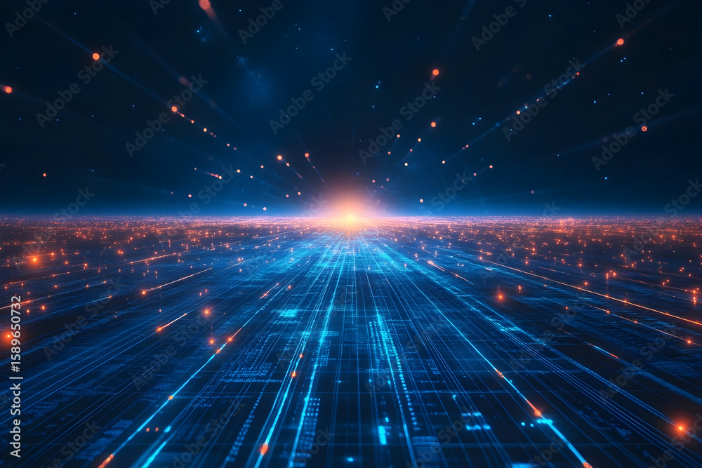 Obraz premium Futuristic Technology Grid with Data Streams and Digital Network Visualization