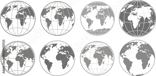 Flat Globe Icons with World Map Projections Vector Illustrations.