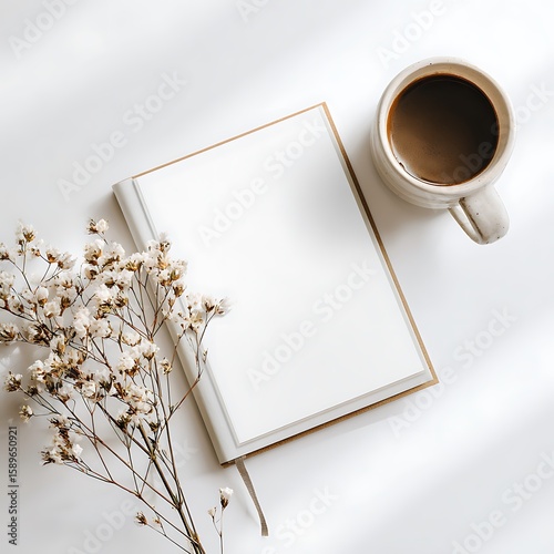 Open blank notebook with coffee and dried flowers white