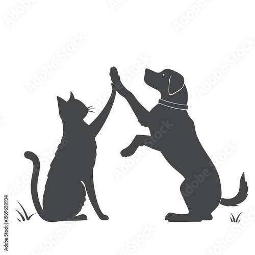 Cat and Dog Giving High Five - Cute Silhouette Illustration
