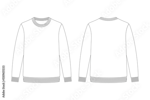 Technical flat sketch of a crewneck sweatshirt with contrast ribbing at the collar, cuffs, and hem. Includes front and back views. Ideal for fashion design, apparel mockups, and garment planning.